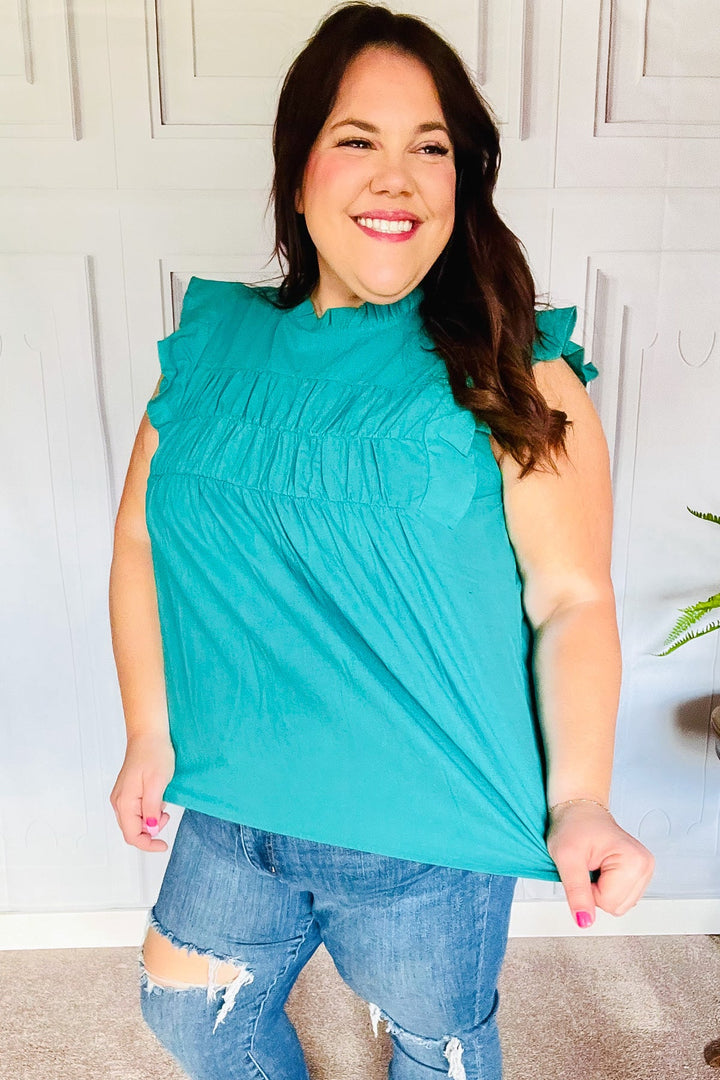 Love Life Cotton Turquoise Frill Mock Neck Flutter Sleeve Tops | Nikki &amp; Co. Boutique