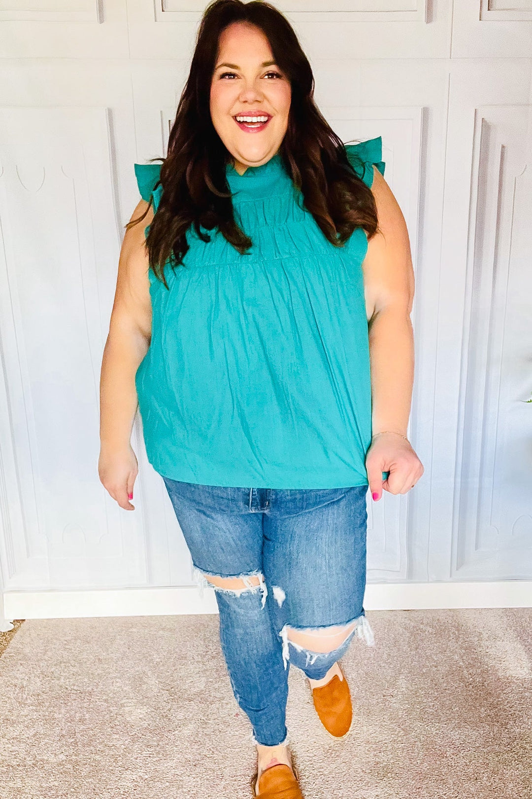 Love Life Cotton Turquoise Frill Mock Neck Flutter Sleeve Tops | Nikki &amp; Co. Boutique