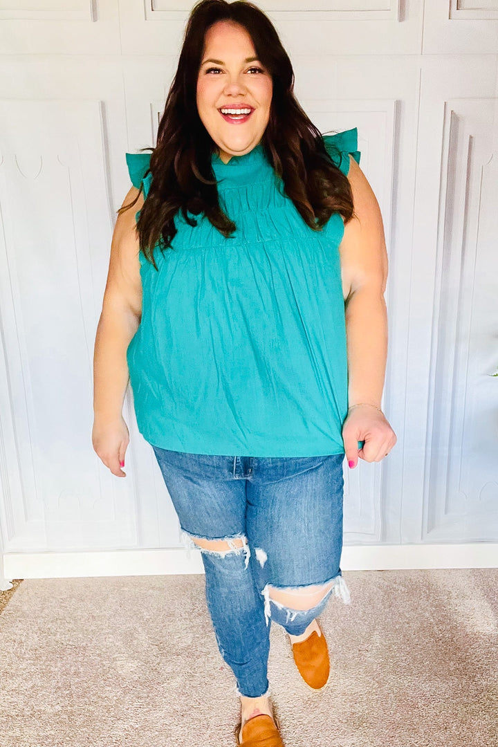 Love Life Cotton Turquoise Frill Mock Neck Flutter Sleeve Tops | Nikki &amp; Co. Boutique