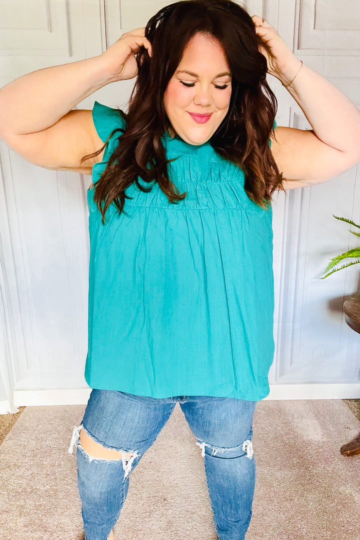 Love Life Cotton Turquoise Frill Mock Neck Flutter Sleeve Tops | Nikki &amp; Co. Boutique
