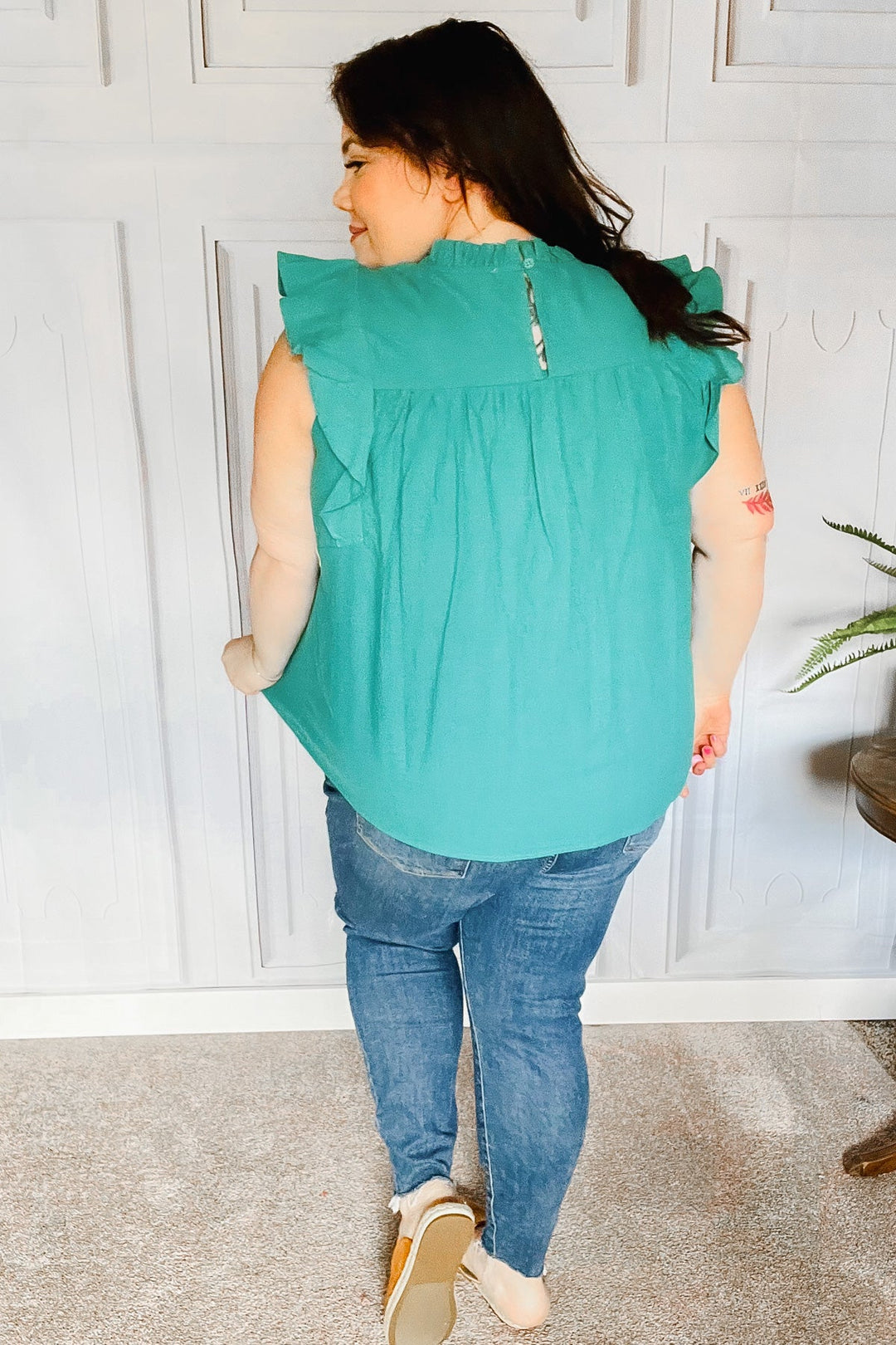 Love Life Cotton Turquoise Frill Mock Neck Flutter Sleeve Tops | Nikki &amp; Co. Boutique