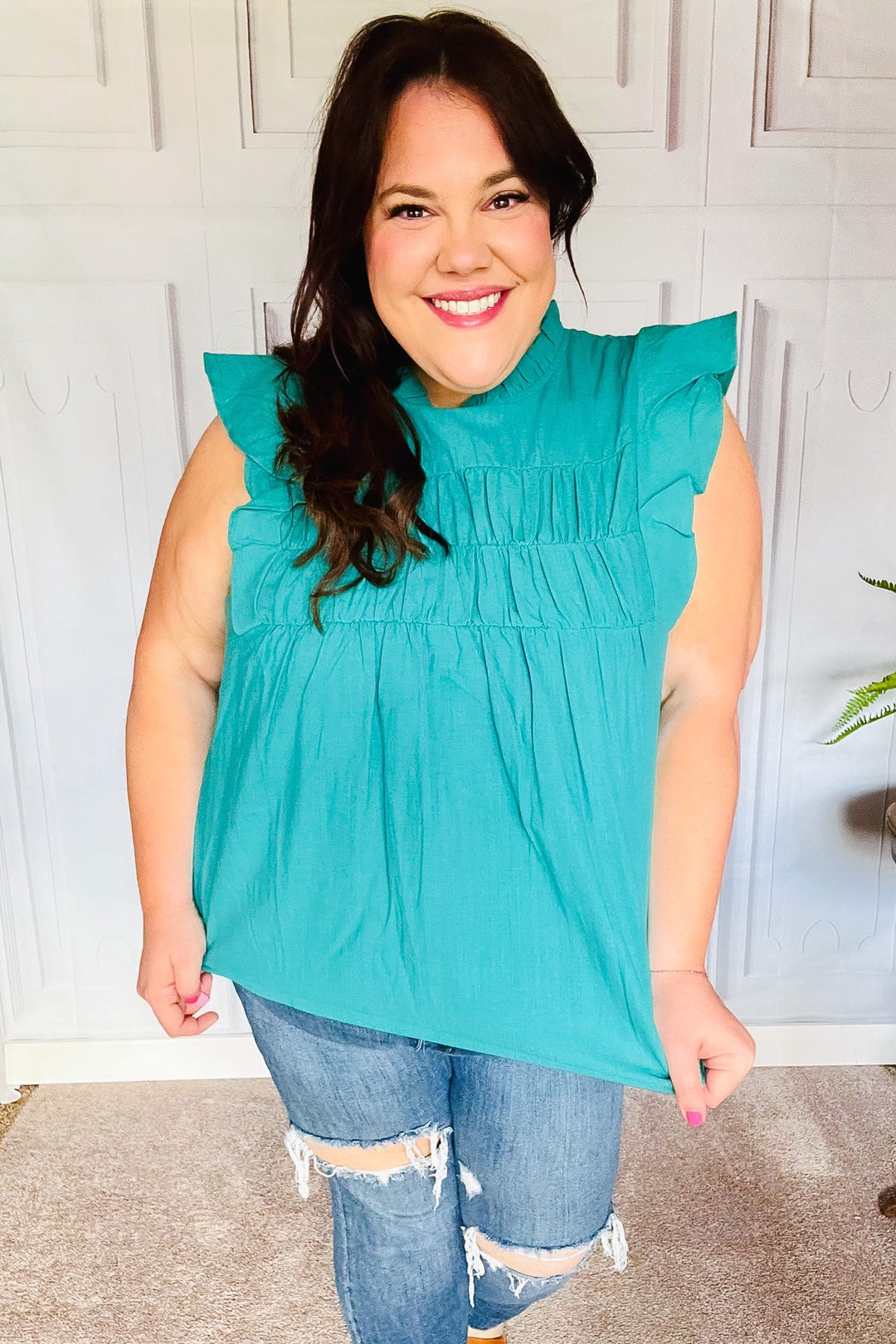 Love Life Cotton Turquoise Frill Mock Neck Flutter Sleeve Tops | Nikki &amp; Co. Boutique