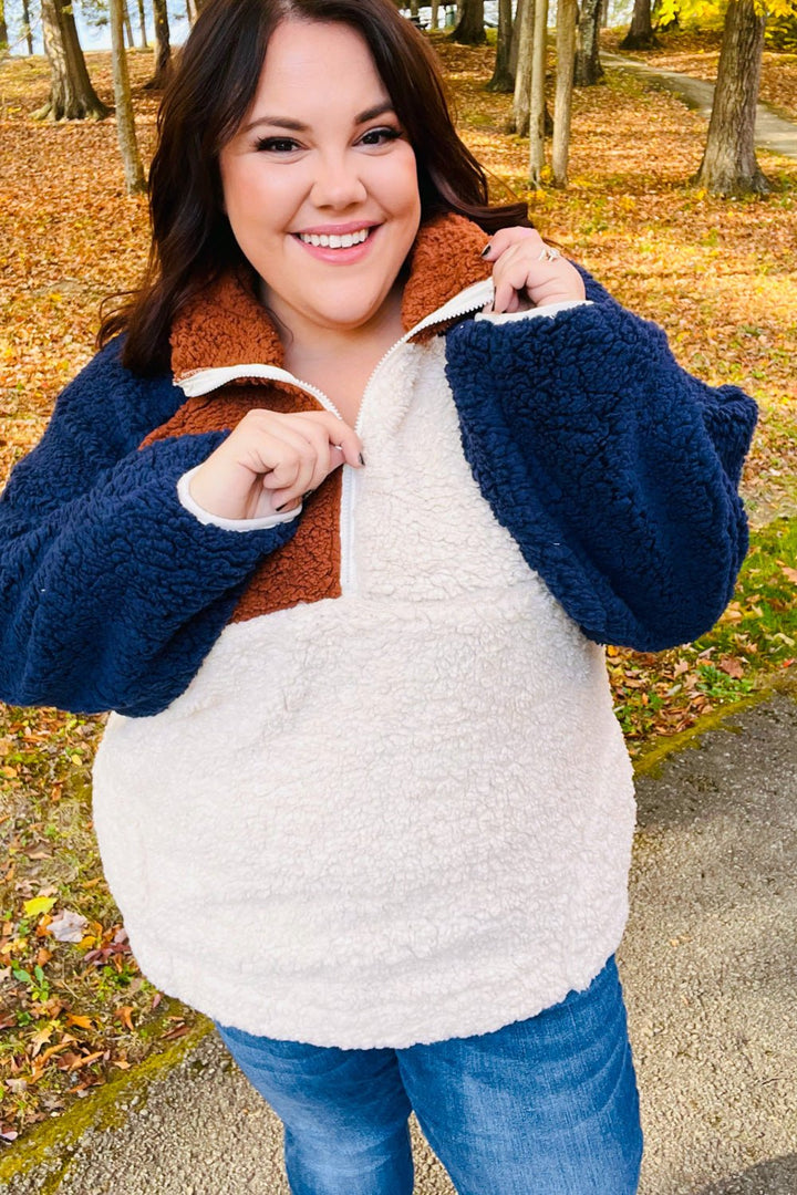 Seize The Day Navy &amp; Taupe Quarter Zip Sherpa Pullover | Nikki &amp; Co. Boutique