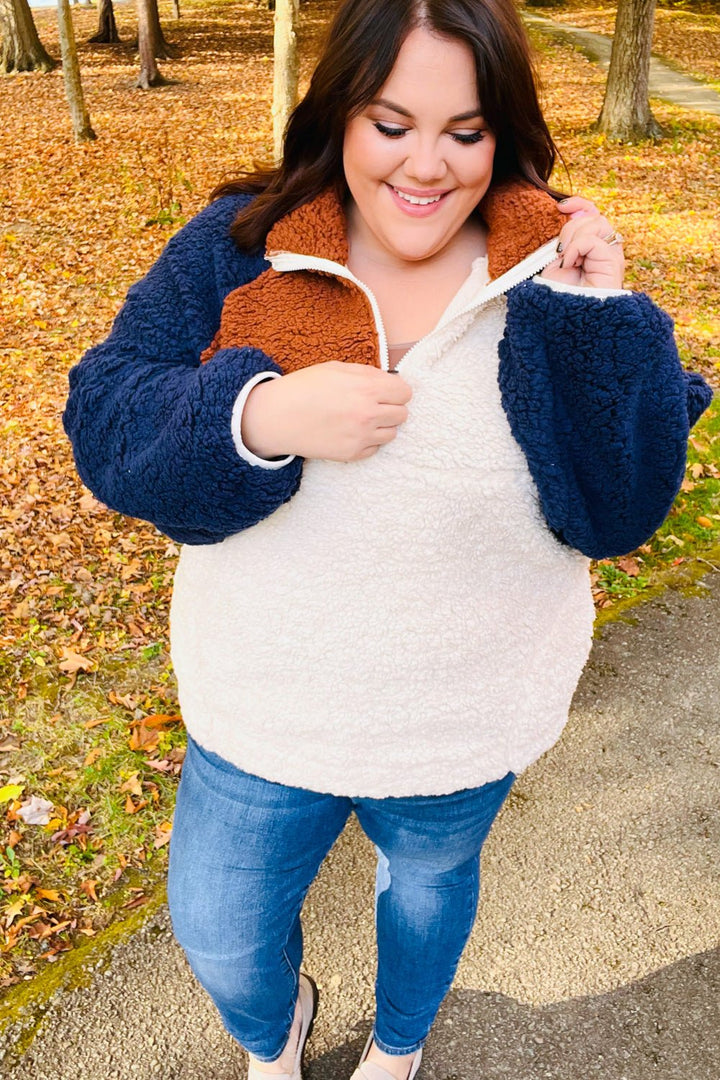 Seize The Day Navy &amp; Taupe Quarter Zip Sherpa Pullover | Nikki &amp; Co. Boutique