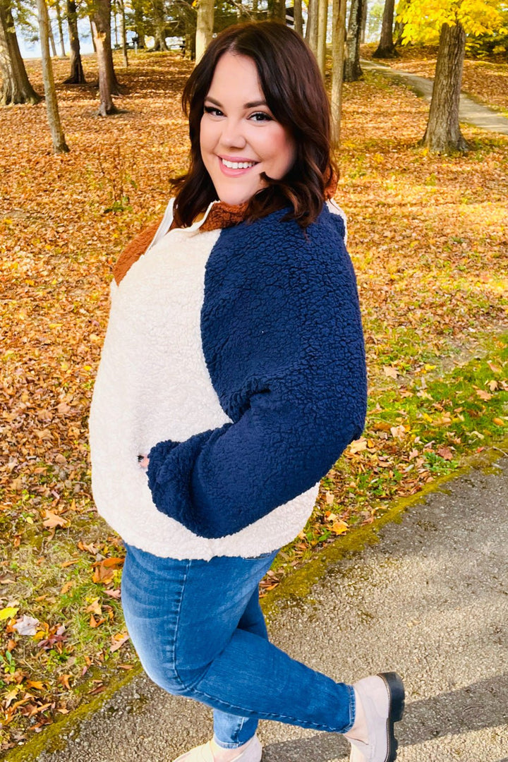Seize The Day Navy &amp; Taupe Quarter Zip Sherpa Pullover | Nikki &amp; Co. Boutique