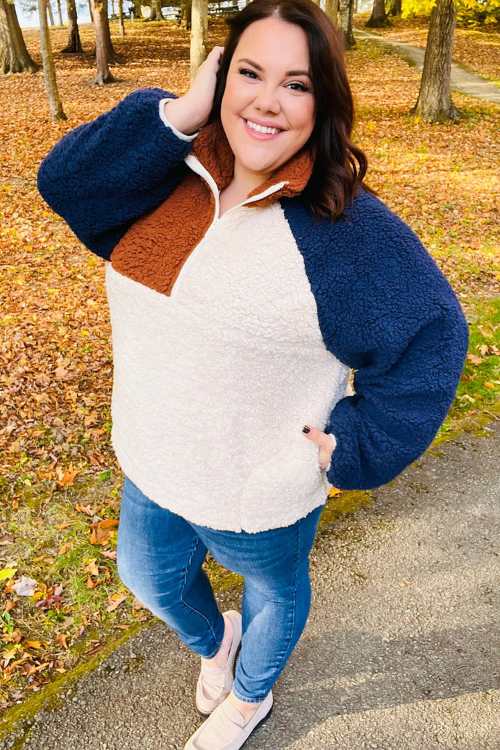 Seize The Day Navy &amp; Taupe Quarter Zip Sherpa Pullover | Nikki &amp; Co. Boutique