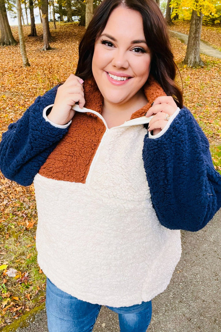 Seize The Day Navy &amp; Taupe Quarter Zip Sherpa Pullover | Nikki &amp; Co. Boutique
