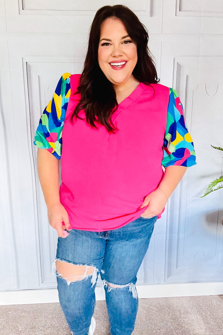 Tell Your Story Fuchsia Geo Print Puff Sleeve V Neck Tops | Nikki &amp; Co. Boutique