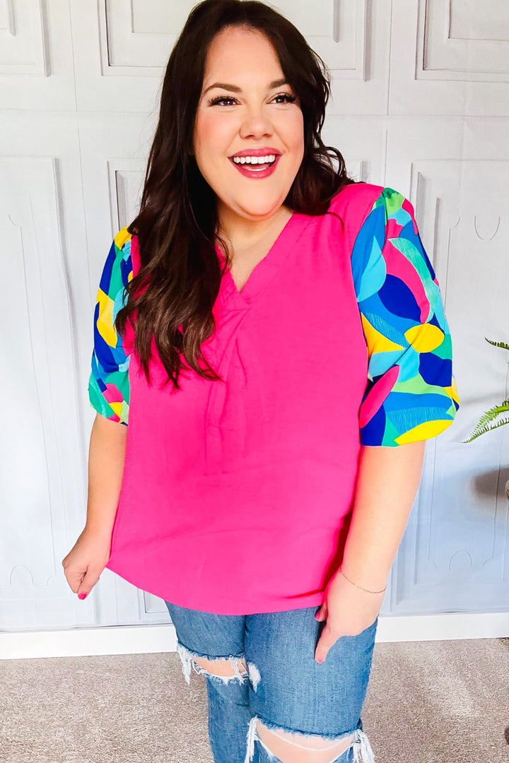 Tell Your Story Fuchsia Geo Print Puff Sleeve V Neck Tops | Nikki &amp; Co. Boutique