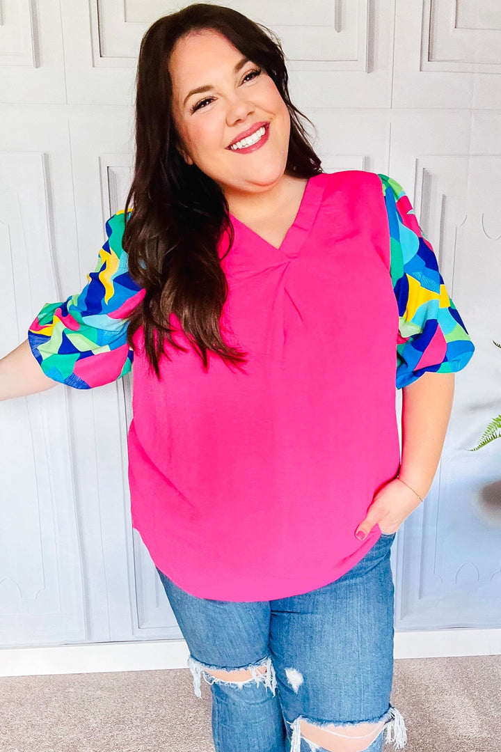 Tell Your Story Fuchsia Geo Print Puff Sleeve V Neck Tops | Nikki &amp; Co. Boutique