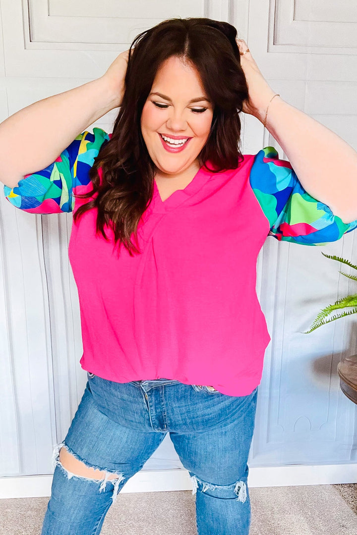 Tell Your Story Fuchsia Geo Print Puff Sleeve V Neck Tops | Nikki &amp; Co. Boutique