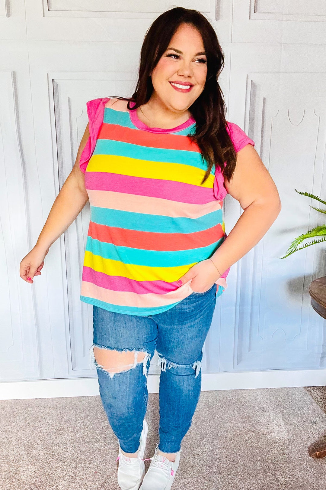 Relaxed Fun Mint &amp; Fuchsia Stripe Flutter Sleeve Terry Knit Top | Nikki &amp; Co. Boutique