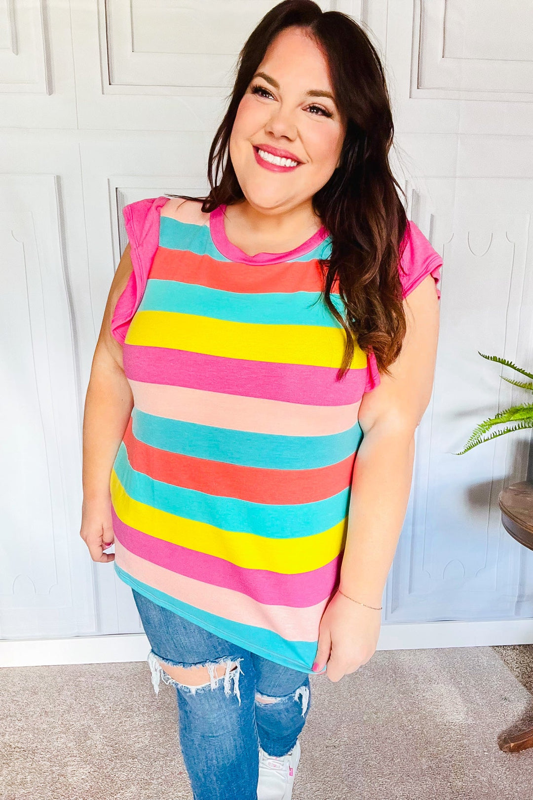 Relaxed Fun Mint &amp; Fuchsia Stripe Flutter Sleeve Terry Knit Top | Nikki &amp; Co. Boutique