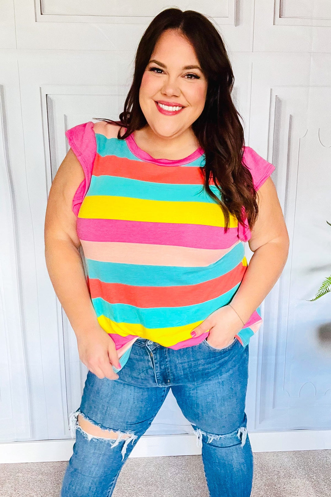 Relaxed Fun Mint &amp; Fuchsia Stripe Flutter Sleeve Terry Knit Top | Nikki &amp; Co. Boutique