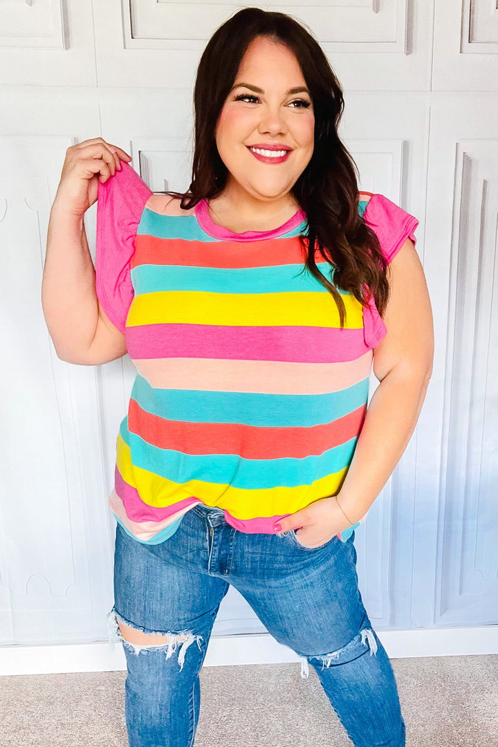 Relaxed Fun Mint &amp; Fuchsia Stripe Flutter Sleeve Terry Knit Top | Nikki &amp; Co. Boutique
