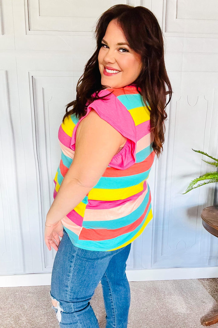 Relaxed Fun Mint &amp; Fuchsia Stripe Flutter Sleeve Terry Knit Top | Nikki &amp; Co. Boutique