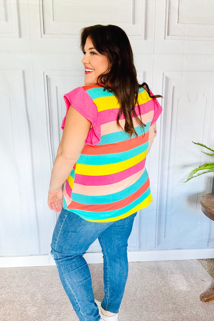 Relaxed Fun Mint &amp; Fuchsia Stripe Flutter Sleeve Terry Knit Top | Nikki &amp; Co. Boutique