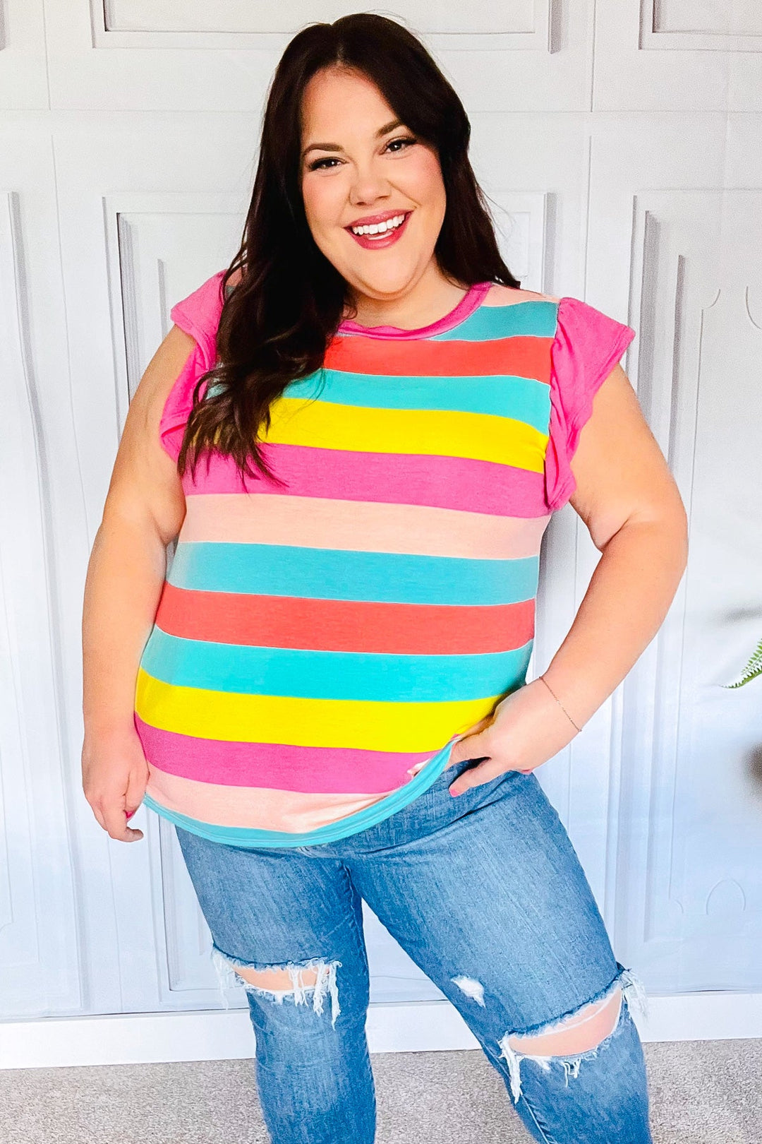 Relaxed Fun Mint &amp; Fuchsia Stripe Flutter Sleeve Terry Knit Top | Nikki &amp; Co. Boutique