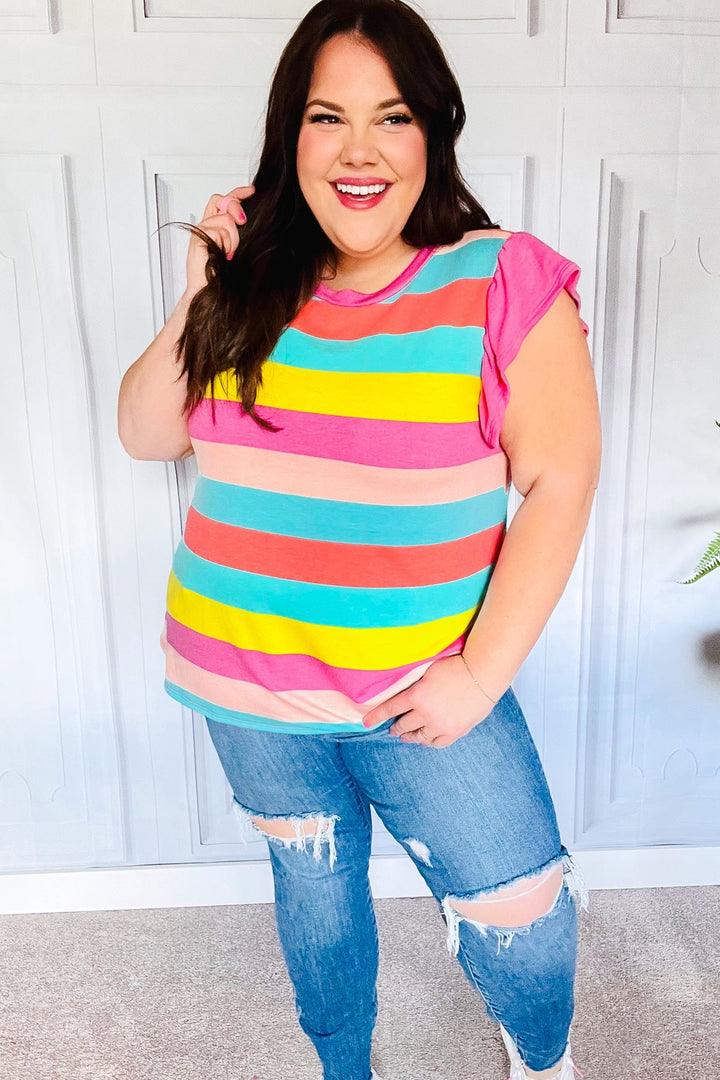 Relaxed Fun Mint &amp; Fuchsia Stripe Flutter Sleeve Terry Knit Top | Nikki &amp; Co. Boutique