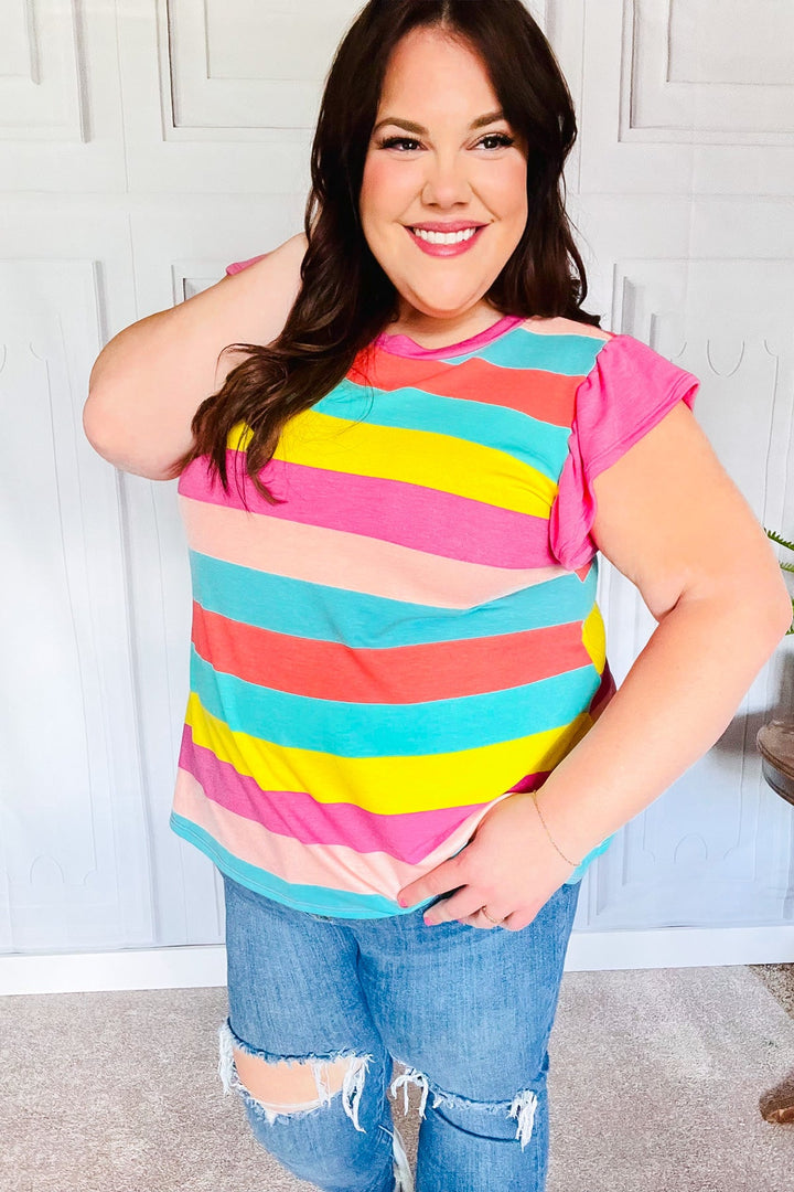 Relaxed Fun Mint &amp; Fuchsia Stripe Flutter Sleeve Terry Knit Top | Nikki &amp; Co. Boutique