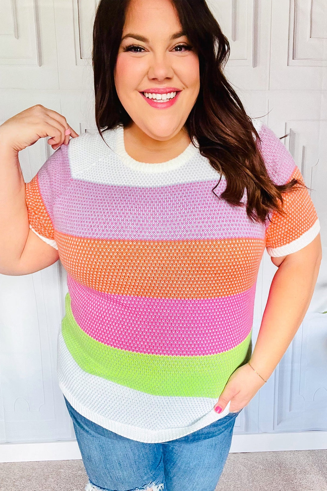 Get Started Lavender &amp; Orange Stripe Jacquard Sweater Top - Nikki &amp; Co. Boutique
