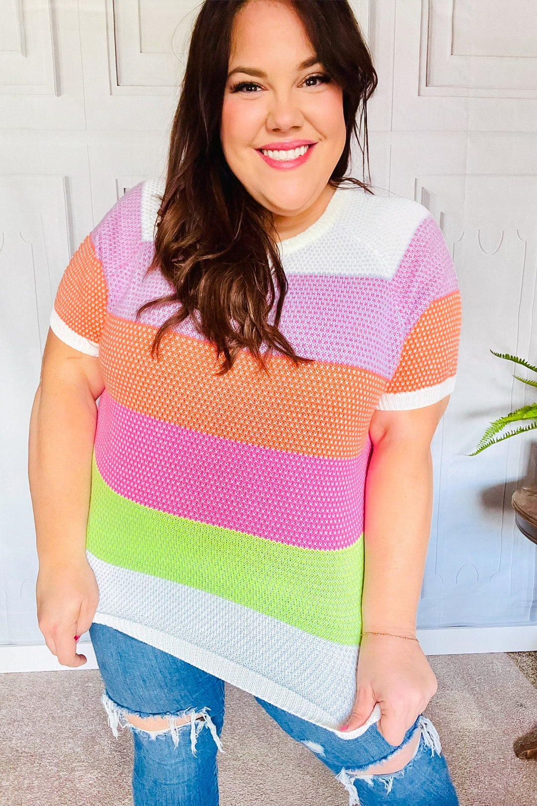 Get Started Lavender &amp; Orange Stripe Jacquard Sweater Top - Nikki &amp; Co. Boutique