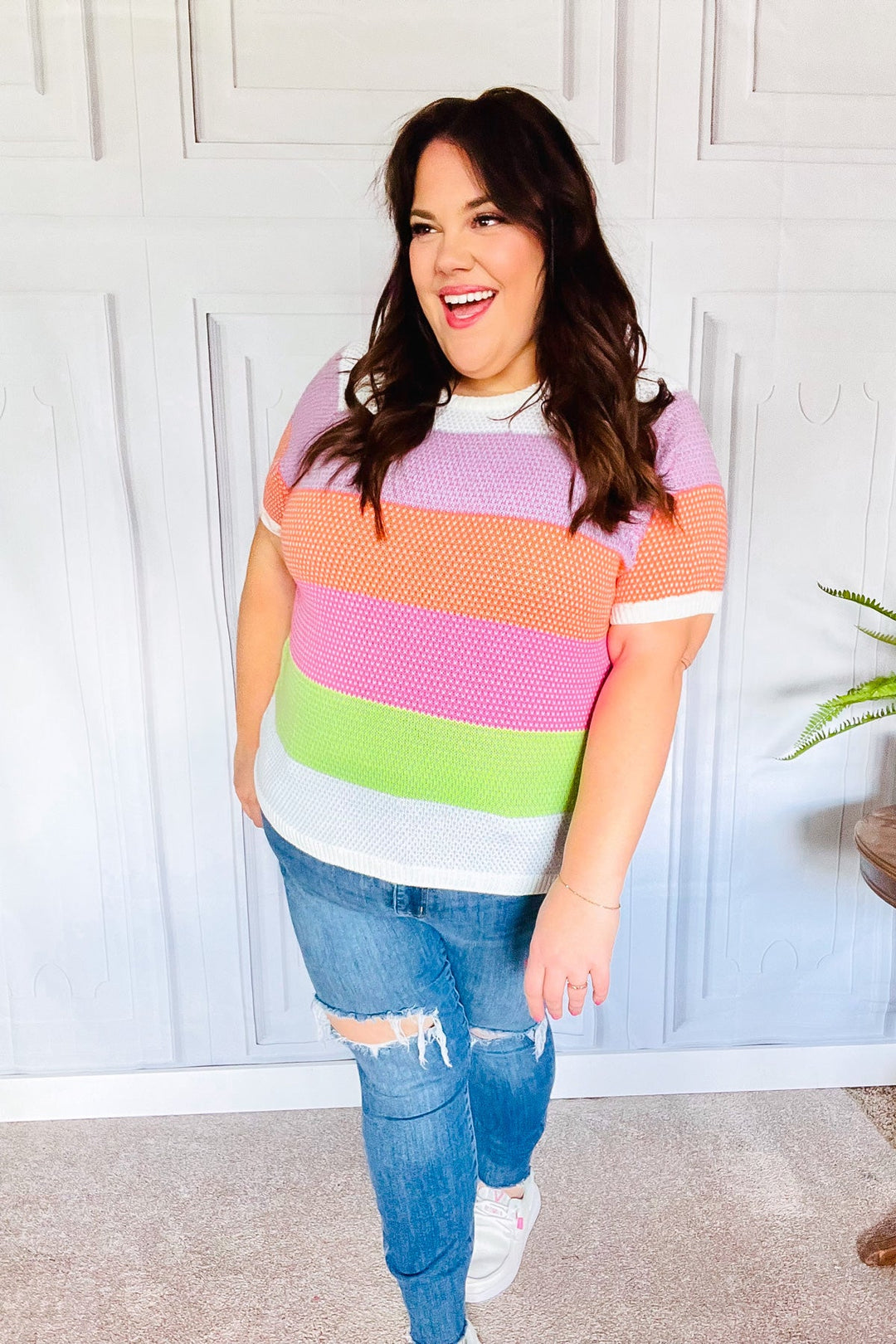 Get Started Lavender &amp; Orange Stripe Jacquard Sweater Top - Nikki &amp; Co. Boutique