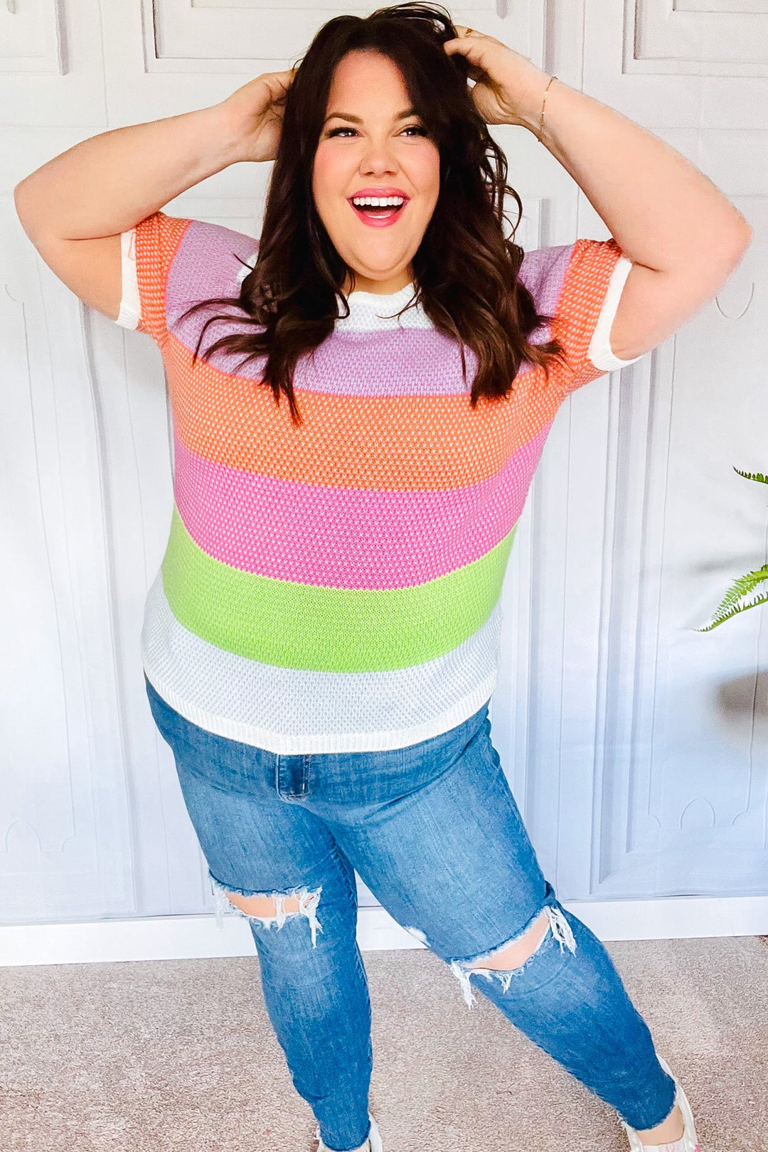Get Started Lavender &amp; Orange Stripe Jacquard Sweater Top - Nikki &amp; Co. Boutique