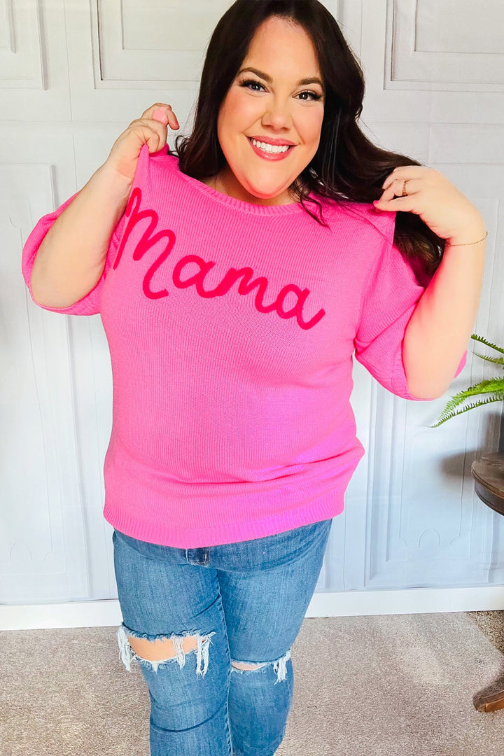 Take A Bow Pink "Mama" Embroidery Puff Sleeve Sweater Top | Nikki &amp; Co. Boutique