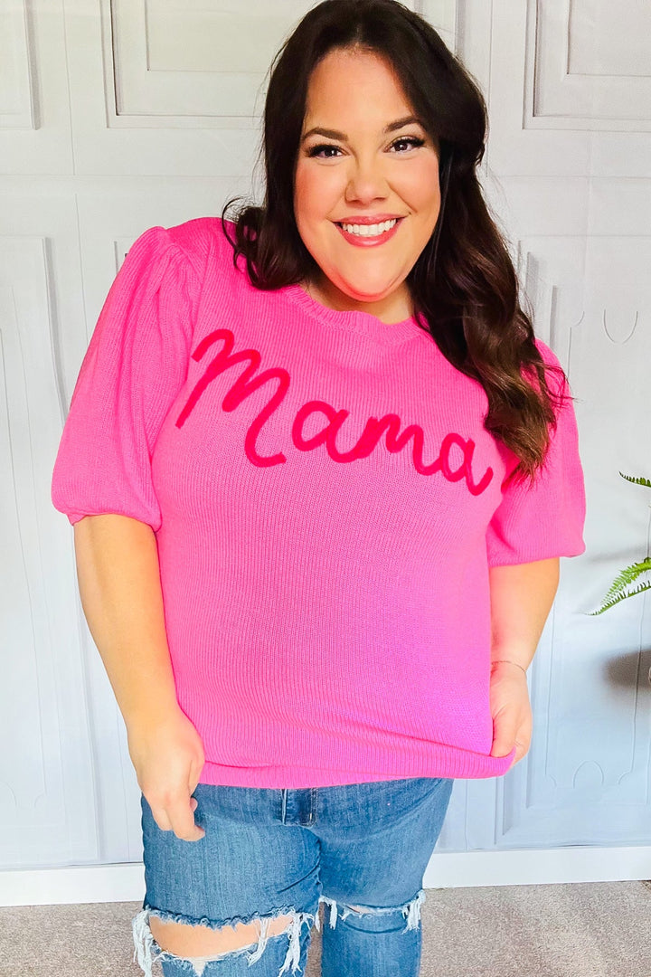Take A Bow Pink "Mama" Embroidery Puff Sleeve Sweater Top | Nikki &amp; Co. Boutique