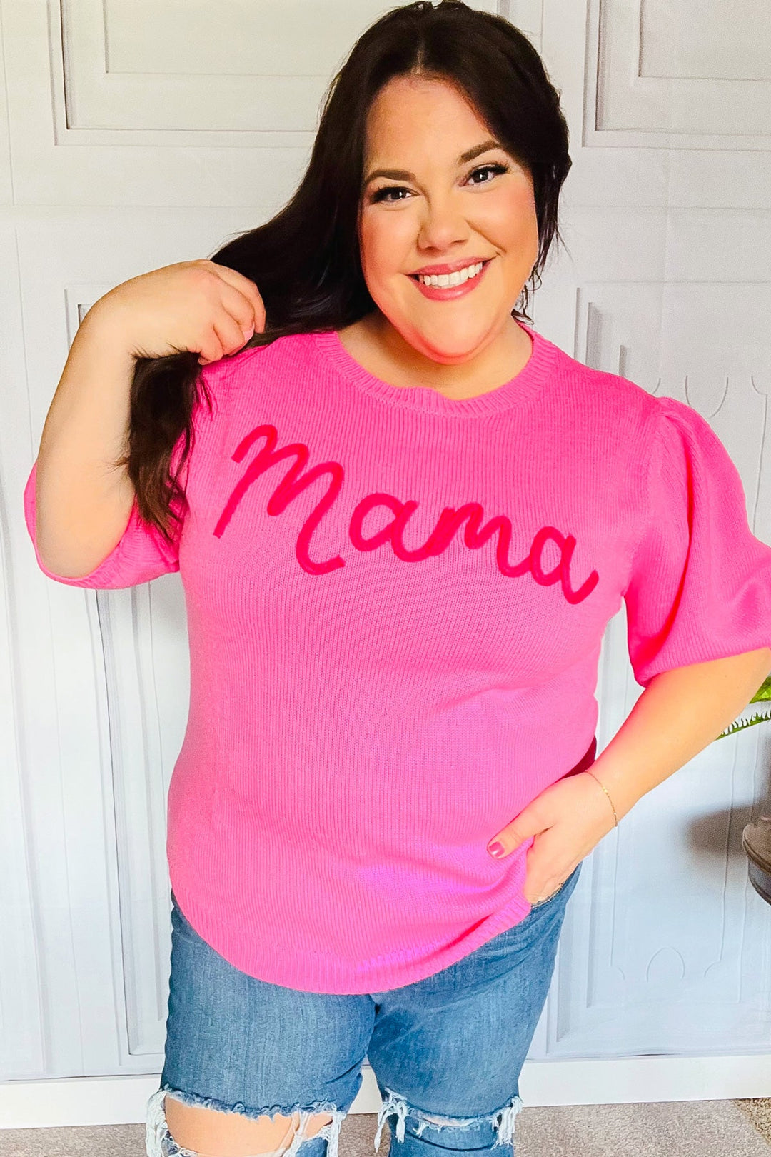 Take A Bow Pink "Mama" Embroidery Puff Sleeve Sweater Top | Nikki &amp; Co. Boutique