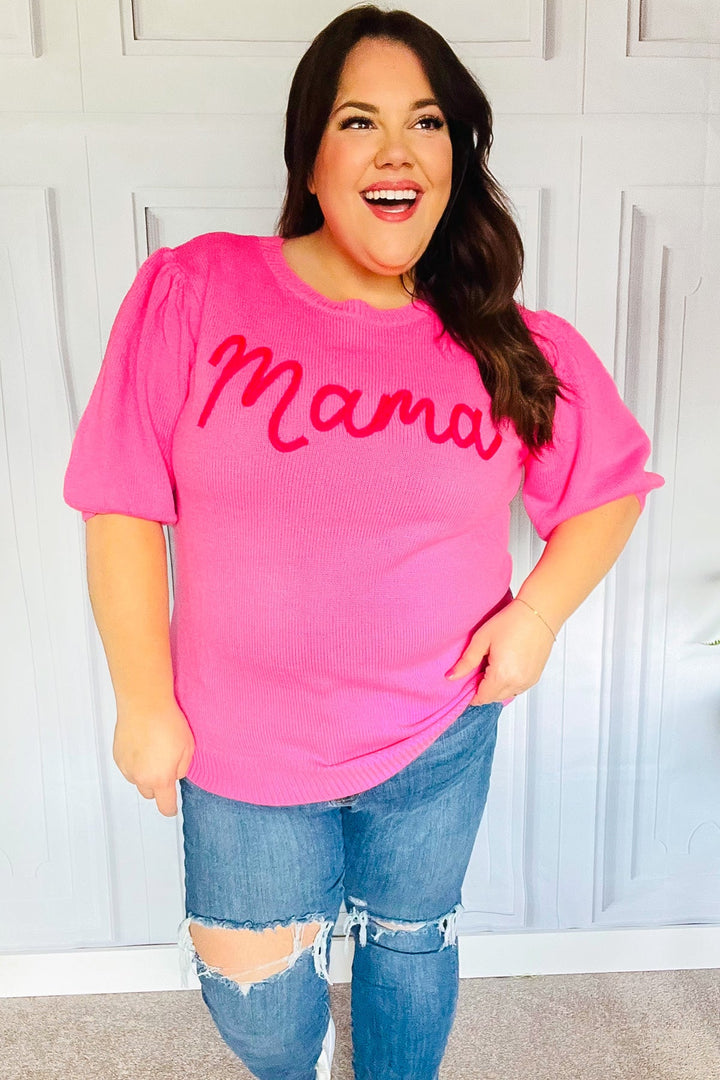 Take A Bow Pink "Mama" Embroidery Puff Sleeve Sweater Top | Nikki &amp; Co. Boutique