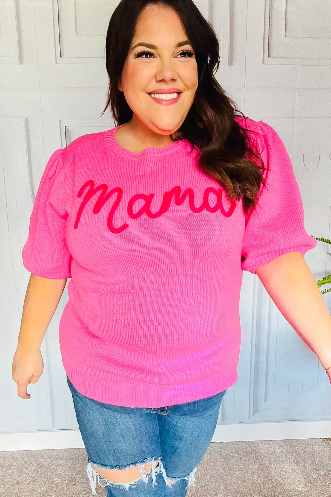Take A Bow Pink "Mama" Embroidery Puff Sleeve Sweater Top | Nikki &amp; Co. Boutique
