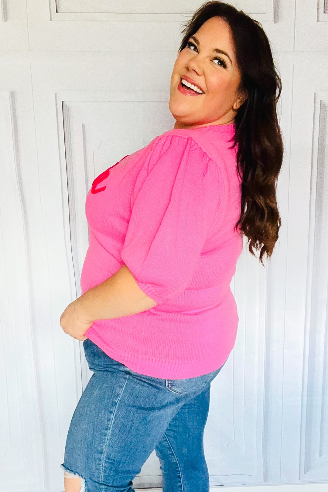 Take A Bow Pink "Mama" Embroidery Puff Sleeve Sweater Top | Nikki &amp; Co. Boutique
