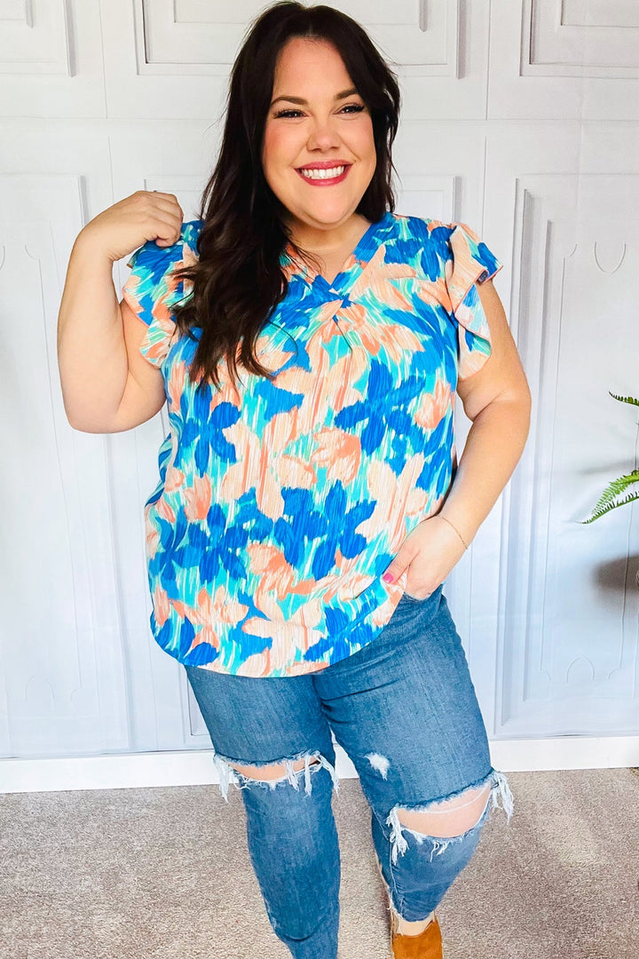 Tropical Breeze Turquoise Floral Banded V Neck Flutter Sleeve Tops | Nikki &amp; Co. Boutique