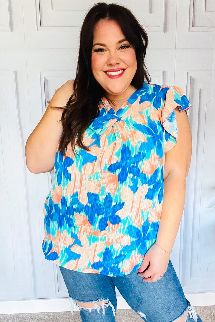 Tropical Breeze Turquoise Floral Banded V Neck Flutter Sleeve Tops | Nikki &amp; Co. Boutique