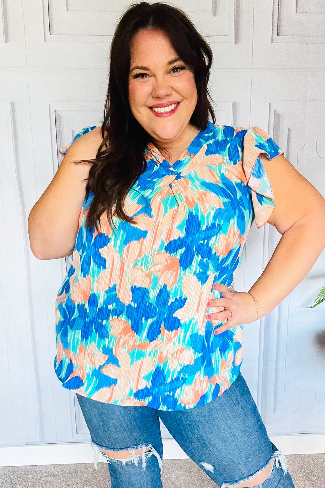 Tropical Breeze Turquoise Floral Banded V Neck Flutter Sleeve Tops | Nikki &amp; Co. Boutique