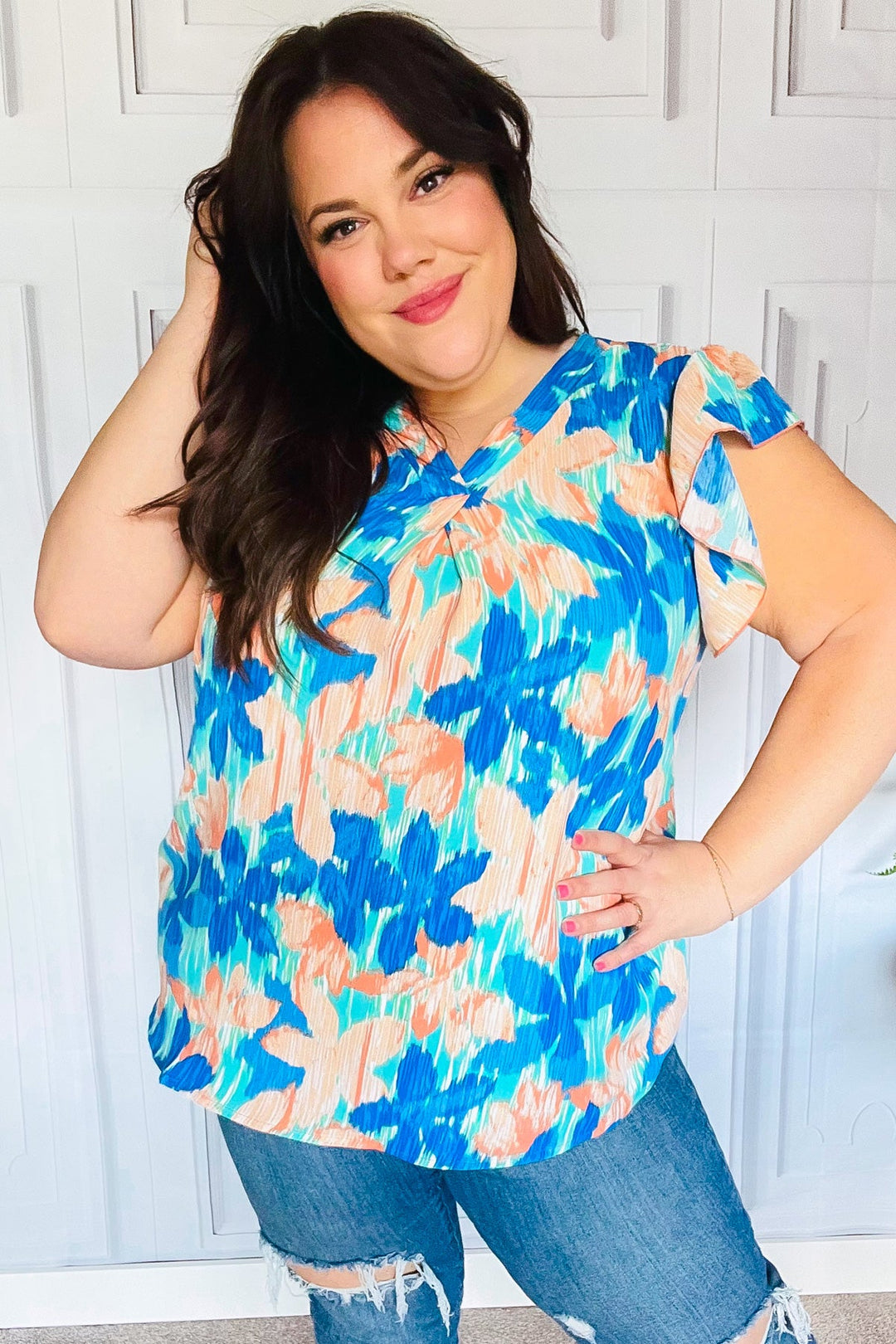 Tropical Breeze Turquoise Floral Banded V Neck Flutter Sleeve Tops | Nikki &amp; Co. Boutique