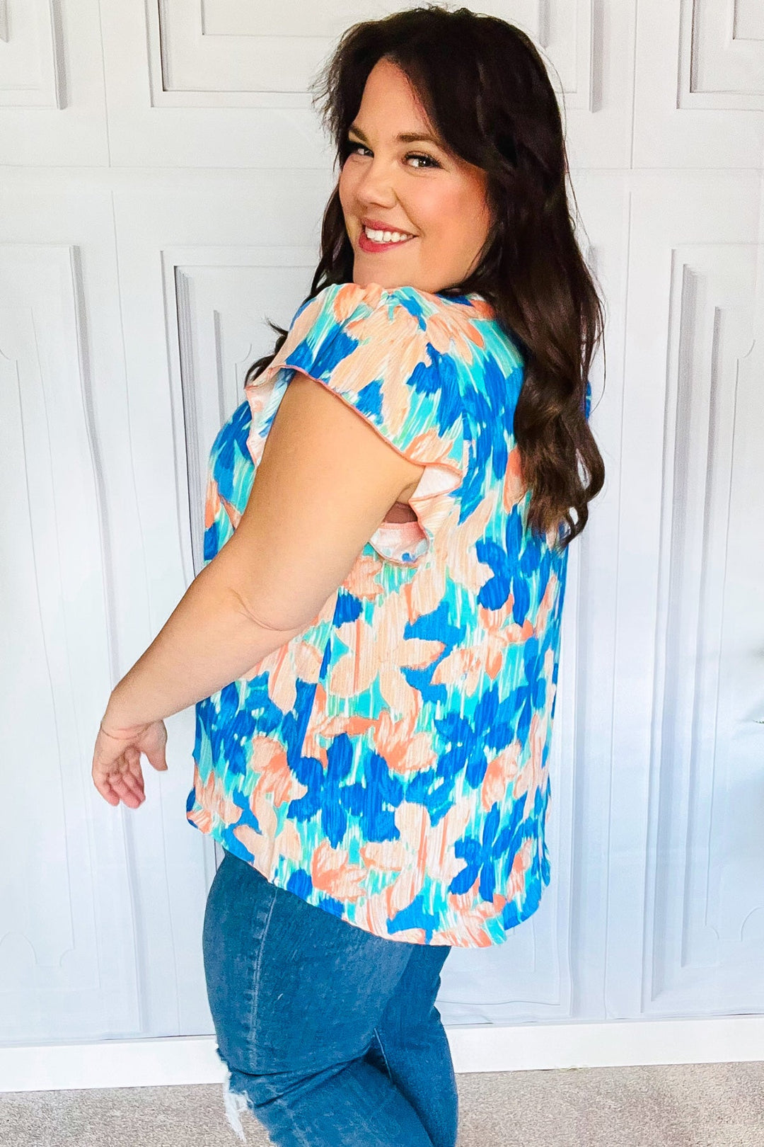 Tropical Breeze Turquoise Floral Banded V Neck Flutter Sleeve Tops | Nikki &amp; Co. Boutique