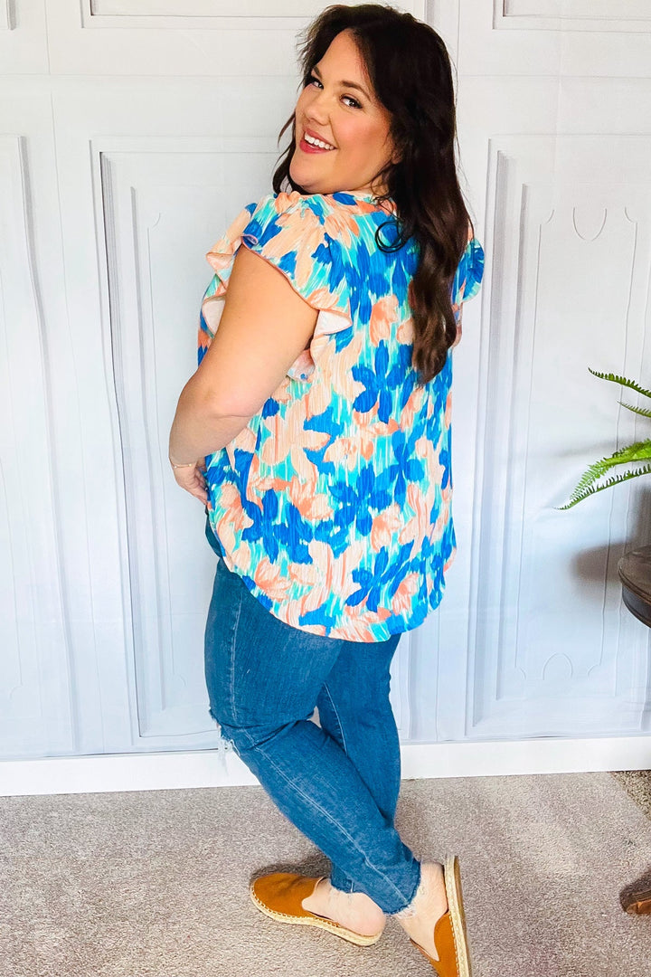 Tropical Breeze Turquoise Floral Banded V Neck Flutter Sleeve Tops | Nikki &amp; Co. Boutique