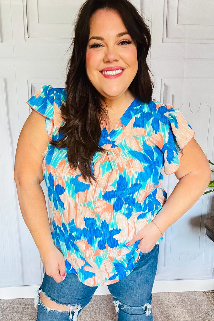 Tropical Breeze Turquoise Floral Banded V Neck Flutter Sleeve Tops | Nikki &amp; Co. Boutique