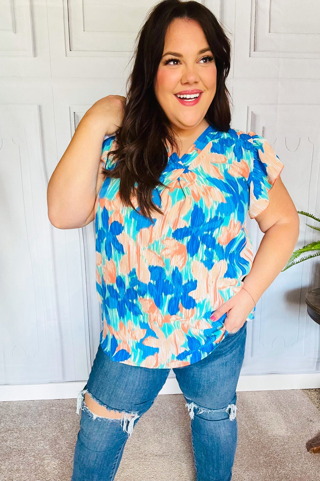 Tropical Breeze Turquoise Floral Banded V Neck Flutter Sleeve Tops | Nikki &amp; Co. Boutique