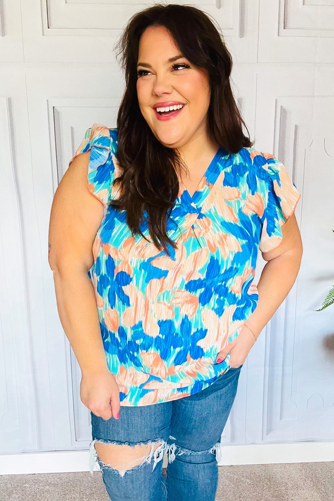 Tropical Breeze Turquoise Floral Banded V Neck Flutter Sleeve Tops | Nikki &amp; Co. Boutique