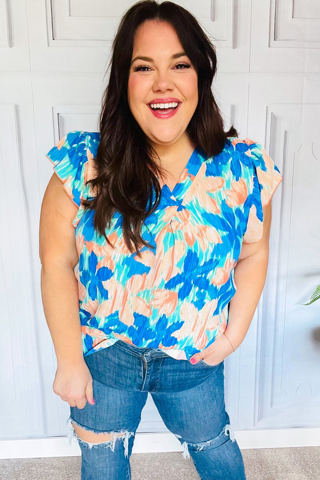 Tropical Breeze Turquoise Floral Banded V Neck Flutter Sleeve Tops | Nikki &amp; Co. Boutique