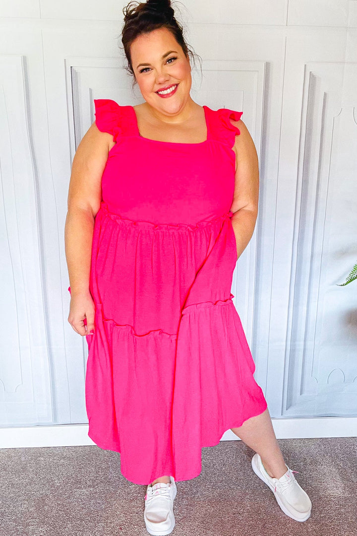 Lots To Love Fuchsia Smocked Flutter Sleeve Tiered Midi Dress | Nikki &amp; Co. Boutique