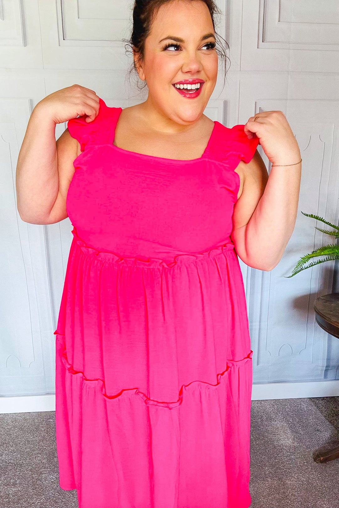 Lots To Love Fuchsia Smocked Flutter Sleeve Tiered Midi Dress | Nikki &amp; Co. Boutique