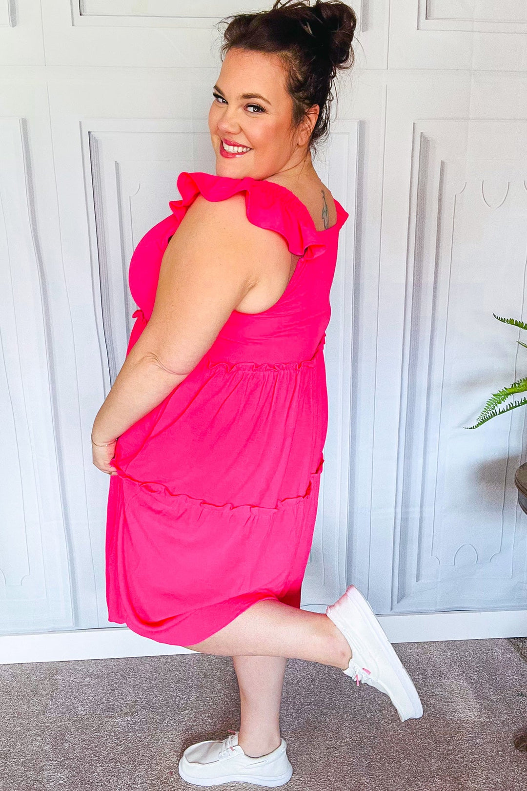 Lots To Love Fuchsia Smocked Flutter Sleeve Tiered Midi Dress | Nikki &amp; Co. Boutique