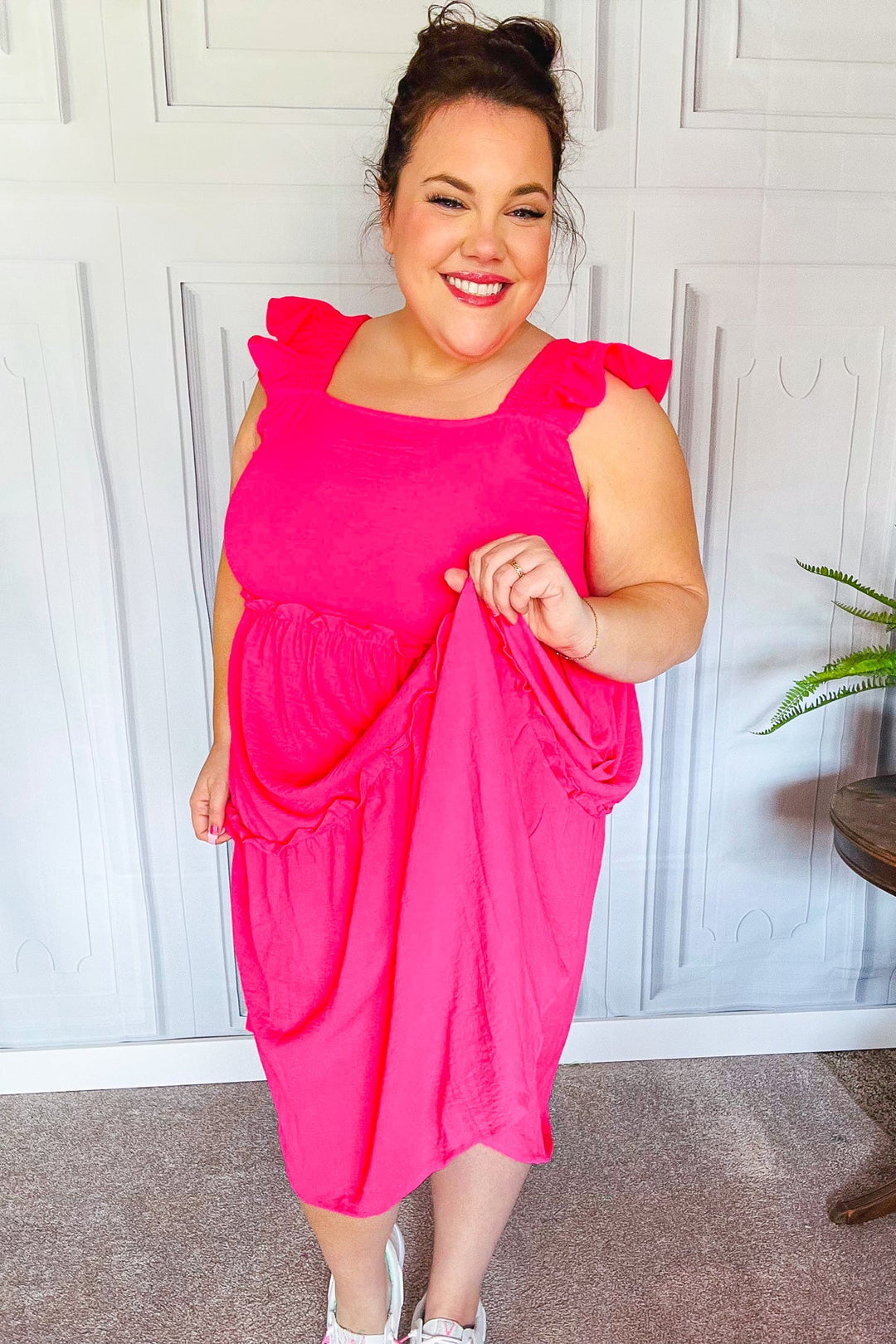 Lots To Love Fuchsia Smocked Flutter Sleeve Tiered Midi Dress | Nikki &amp; Co. Boutique