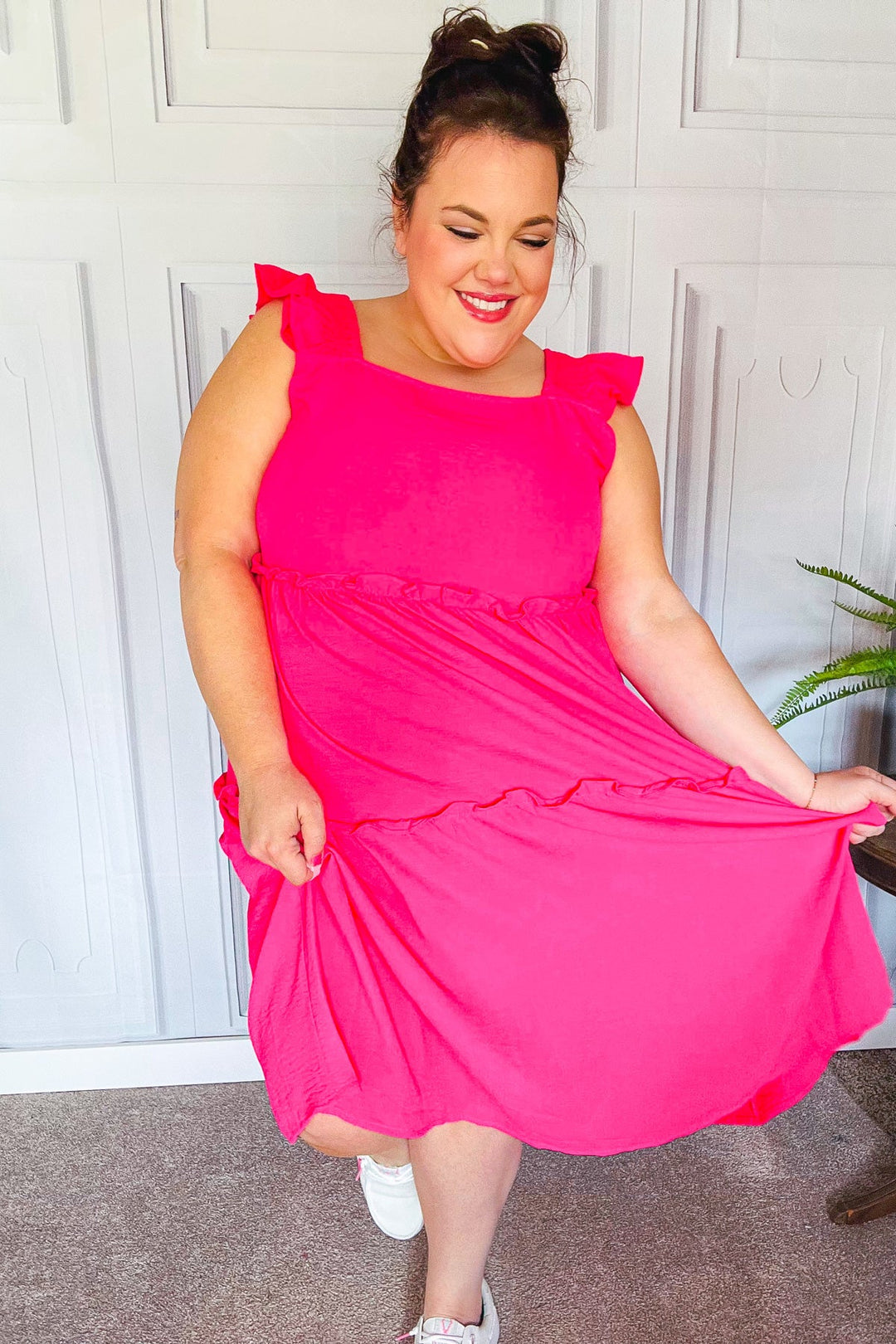 Lots To Love Fuchsia Smocked Flutter Sleeve Tiered Midi Dress | Nikki &amp; Co. Boutique
