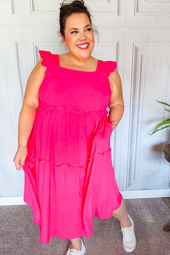 Lots To Love Fuchsia Smocked Flutter Sleeve Tiered Midi Dress - Nikki &amp; Co. Boutique